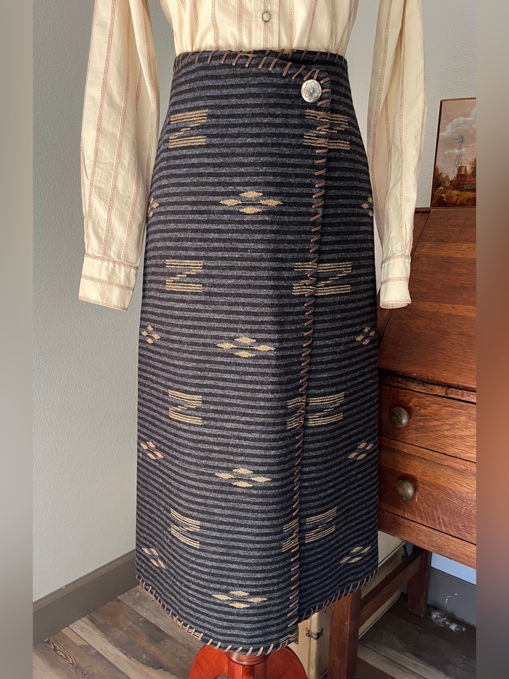 Vtg Ralph Lauren Western Southwest Wool Skirt dark blue wrap rodeo luxury - Picture 2 of 10